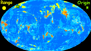 A map of Lyr, a large water world with small scattered continents. The cool-temperate range of gryphons (intelligent, hawk-headed leonine creatures) is marked in yellow.