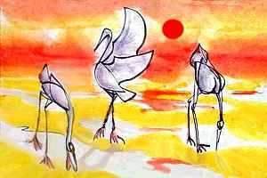 Three herons clamming near sunset.