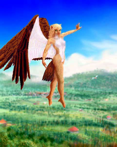 An Icarus (a winged humanoid with catlike features) in flight over Lyr, an experimental world-model.