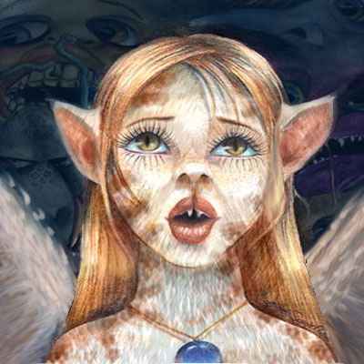 Portrait of an icarus woman singing; humanoid face but catlike fur, eyes and ears. Her wings are barely visible. Image loosely based on 'Alisen' by Sowell of Elfwood.com (I thought--but now I can't find it. Help!)