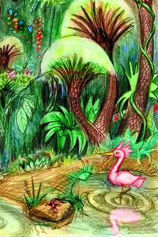 A pink flamingo with teeth, wading in a pool near a rock with a lizard. Background: dense fern-trees and flowers.