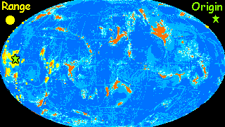 A map of Lyr, a large water world with small scattered continents. The range of koreens (winged monkeys of the tropical rainforest) is marked in yellow.