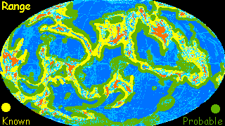 A map of Lyr, a large water world with small scattered continents. The known range of krakens, a deep-water species, is marked in yellow; possible range in green. The range surrounds landmasses and island chains.
