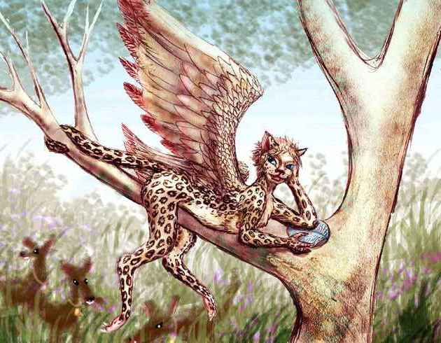 Sketch of a lebbird reading a book, sprawled on a branch above her herd of dark brown milk-monkeys. Leopard torso and spots, but handlike forepaws, hawklike wings, a high forehead and large eyes.