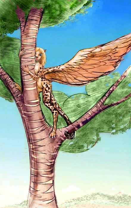 A blue-eyed lebbird, with leopard torso and spots, but handlike forepaws, hawklike wings, a high forehead and large eyes, is reared erect in a tree, extending her left wing to show us the structure.
