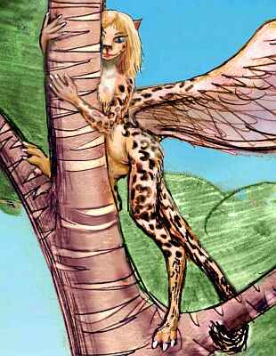 A blue-eyed lebbird, with leopard torso and spots, but handlike forepaws, hawklike wings, a high forehead and large eyes, is reared erect in a tree, extending her left wing to show us the structure.