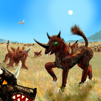 savanna with monsters resembling a rhino, a clawed, horned zebra, and hyenas, all with tiny, ridiculous, vestigial wings.