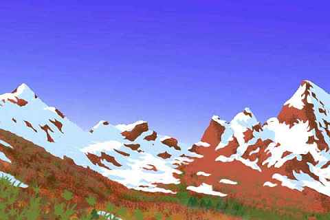 Jagged snowy crags of reddish rock, scant alpine vegetation, dark blue sky.