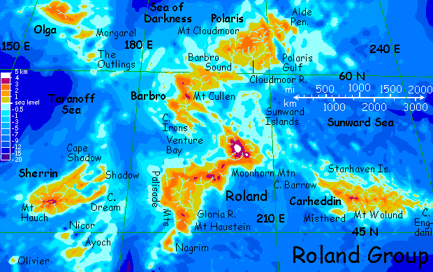Map of Roland, a small continent on Lyr, a world-building experiment.