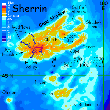 Map of Sherrin, a cool-temperate land the size of New Guinea--low capes and shallow sounds in the east, steep and volcanic in the west.