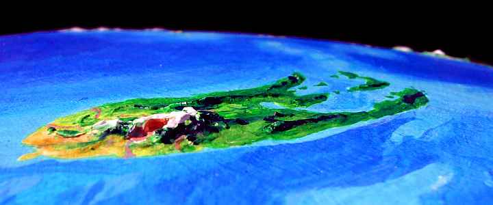 Low orbital photo of Sherrin, a volcanic island with extensive mudflows, on Lyr, a model of a large sea-world.