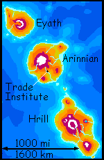 Map of Eyath, Arinnian and Hrill, three volcanic deep-sea islands like oversized Hawaiis, on Lyr, a world-building experiment.