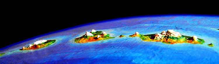 Photo from low orbit of Eyath, Arinnian and Hrill, rugged volcanic islands like scaled-up Hawaiis, in Oronesia on Lyr, a model of a huge sea-world. Click to enlarge.