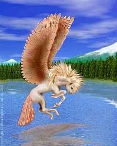A pegasus, an intelligent, social herbivore of the subpolar zones of Lyr. A small, slender pony with paws not hooves, a short face with large eyes, and large white wings, hovering briefly over a lake; pine woods and snowy peaks behind. Based on a painting by Dena Parrish (LunaCat) of VCL.