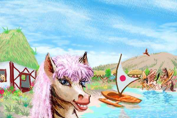 Foreground: grinning equine face. Blue eyes, bright lavender mane, obviously dyed. Background: half-timbered, thatched houses wound with flowers, around cove with orange outriggers (wishbone masts); dun hills on horizon.
