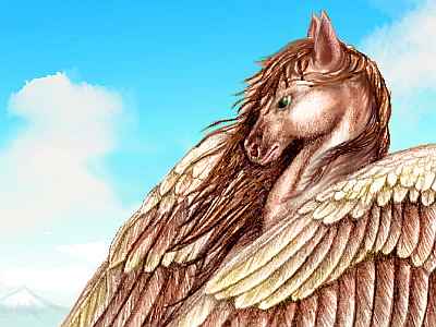 Head and wings of a pegasus, a native of the Ythri region on Lyr, an ecological model of a large sea-world. Much smaller than a horse, with shorter snout and large, intelligent eyes. Based on an ink drawing by Buckskin Mare of VCL.