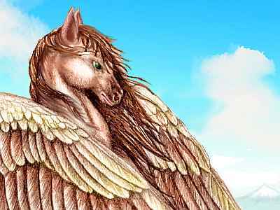 Head and wings of a pegasus, a native of the Ythri region on Lyr, an ecological model of a large sea-world. Much smaller than a horse, with shorter snout and large, intelligent eyes. Based on an ink drawing by Buckskin Mare of VCL.
