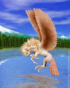 A pegasus, a winged ponylike creature with opposable thumbs, hovering over a mountain lake.