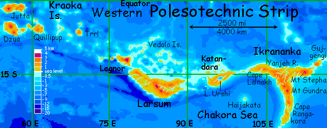 the western Polesotechnic Strip, a string of small continents on Lyr, a planet-building experiment. Shown: the Kraoka Archipelago, Larsum, and Ikrananka.