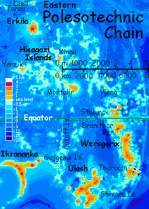 The eastern Polesotechnic Strip, a string of small tropical continents on Lyr, a planet-building experiment. Shown: Ikrananka, Ulash, Wersgorix and Erkila, plus connecting islands.
