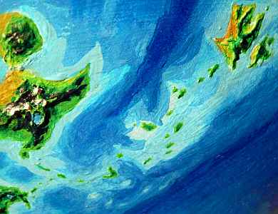 Orbital photo of the Shivaru Islands in the eastern Polesotechnic Strip, a string of small continents on Lyr, a planet-building experiment.