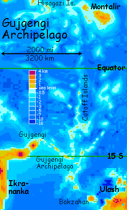 Map of the Gujgengi Islands, a volcanic chain linking Ikrananka and Ulash in eastern Polesotechnica, a chain of small tropical continents on Lyr, a planet-building experiment.