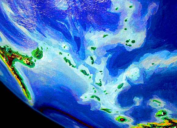 High orbital photo of the Gujgengi Islands linking Ikrananka (left) and Ulash (lower right), on Lyr, a model of a huge sea-world.