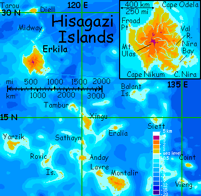 Map of the Hisagazi Islands, a tropical archipelago in the eastern Polesotechnic Strip, a string of small continents on Lyr, a planet-building experiment.