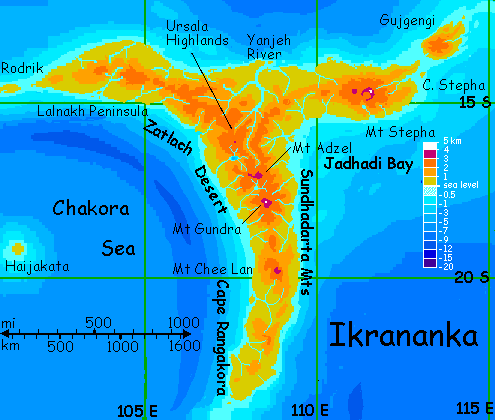 Map of Ikrananka, a rugged  T-shaped continent in the western Polesotechnic Strip, a string of small tropical continents on Lyr, a planet-building experiment.