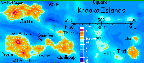 Map of the Kraoka Islands, Hawaii-like shield volcanoes the size of Britain, at the west end of the Polesotechnic Strip, a string of small continents on Lyr, a planet-building experiment.