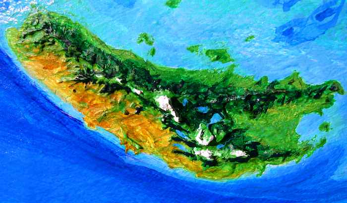 Orbital photo of Larsum, green in the east, dry in the west; a small continent on Lyr, a model of a huge sea-world. Click to enlarge.