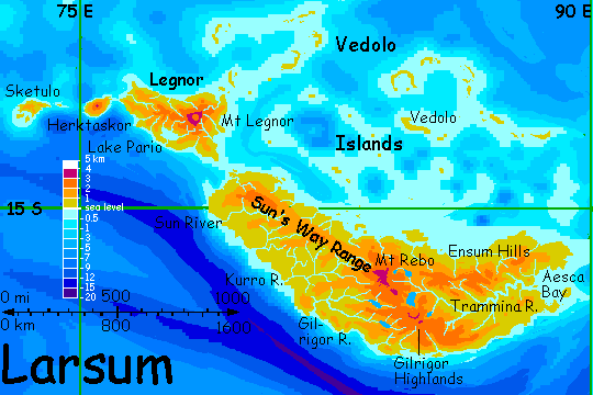 Map of Larsum, in the western Polesotechnic Strip, a string of small continents on Lyr, a planet-building experiment.