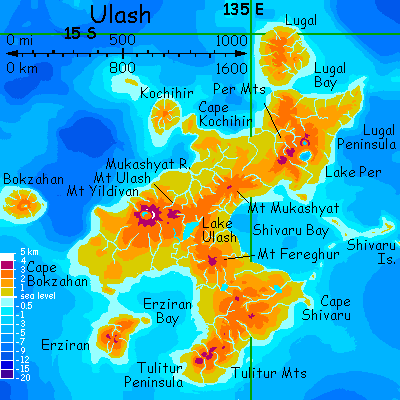 Map of Ulash, a tropical land in the eastern Polesotechnic Strip, a string of small continents on Lyr, a planet-building experiment.