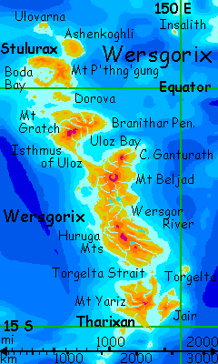 Map of Wersgorix, a tropical land in the eastern Polesotechnic Strip, a string of small continents on Lyr, a planet-building experiment.
