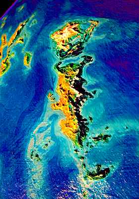 High orbital photo in low red sunset light of Scania, two large sub-arctic islands on Lyr, a model of a sea-world twice the diameter of Earth.