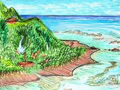 A Polynesian shore: steep jungle slope with waterfalls dropping to beach sheltered by coral reefs.