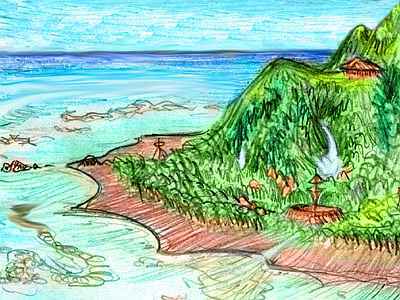 A Polynesian shore: steep jungle slope with waterfalls dropping to beach sheltered by coral reefs.