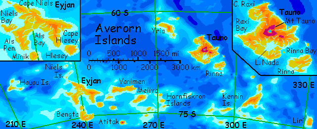 Map of the Averorn Islands in the South Seas of Lyr, a world-building experiment.