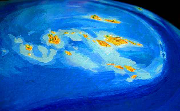 Low orbital photo of the golden prairies of the Dahia Islands, on Lyr, a model of a huge sea-world