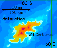 Map of Antarctica, a glaciated  islet that's the nearest thing to a polar cap on Lyr, a world-building experiment