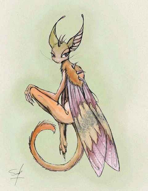 A soka, an arboreal person with a spidery feline build, bat/lynx ears, large eyes, a spiked crest, and rather mothlike wings. Drawing by Seraph of VCL