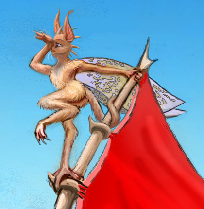 A soka lookout atop a mast. Sokas are an intelligent species like a mix of monkey, moth, and cat, on Lyr, a massive sea-world model.