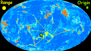 A map of Lyr, a large water world with small scattered continents. The range of soka (monkey-moth-catlike creatures) is marked in yellow.