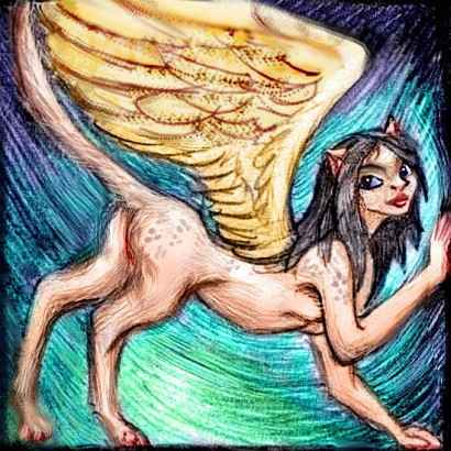 A winged female sphinx arching her back in flirtation.