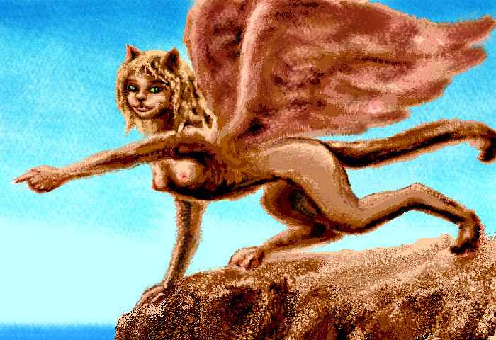 Sketch of a winged female sphinx in profile atop a cliff, pointing offscreen. Leonine body and pelt, but handlike forepaws and somewhat humanoid head with large nocturnal eyes.