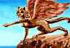 A winged sphinx atop a cliff, pointing at the sea