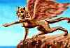 A winged female sphinx atop a cliff, pointing left.