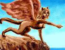A sphinx, like a lioness with wings and a somewhat human face, atop a cliff, pointing at the sea.