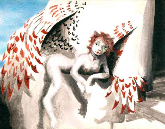 A sphinx draped on a stone wall in a seacliff village, western T'kela. Based on a watercolor, 'Nell', by Rea of VCL. Click to enlarge.