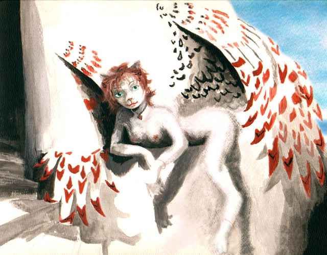 Female sphinx sunning on a stone wall above the sea. Based on a watercolor, 'Nell', by Rea of VCL.